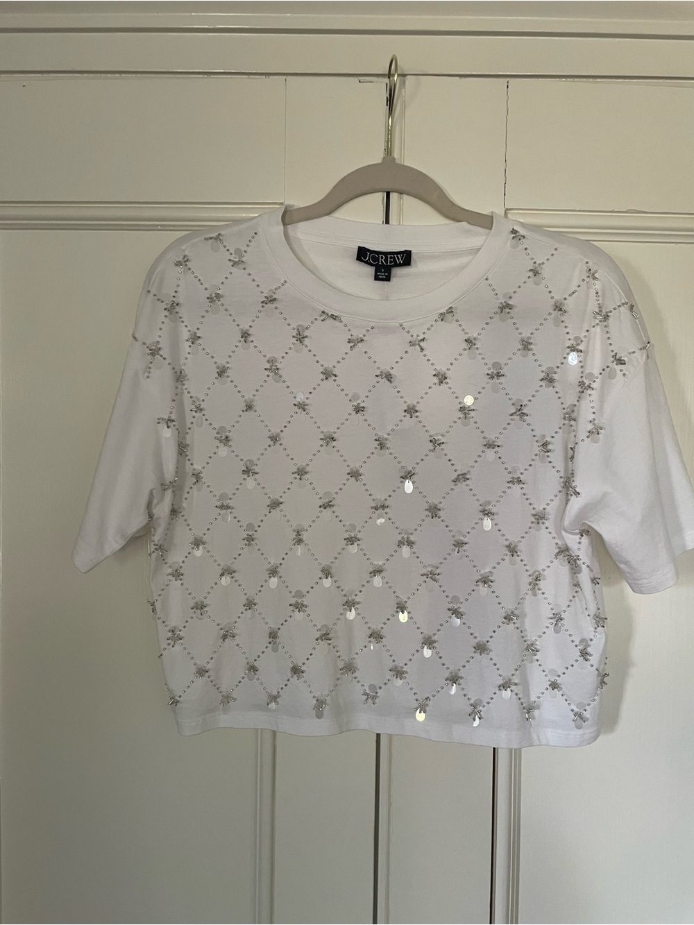 J. Crew White Sequin Lattice Crop Top